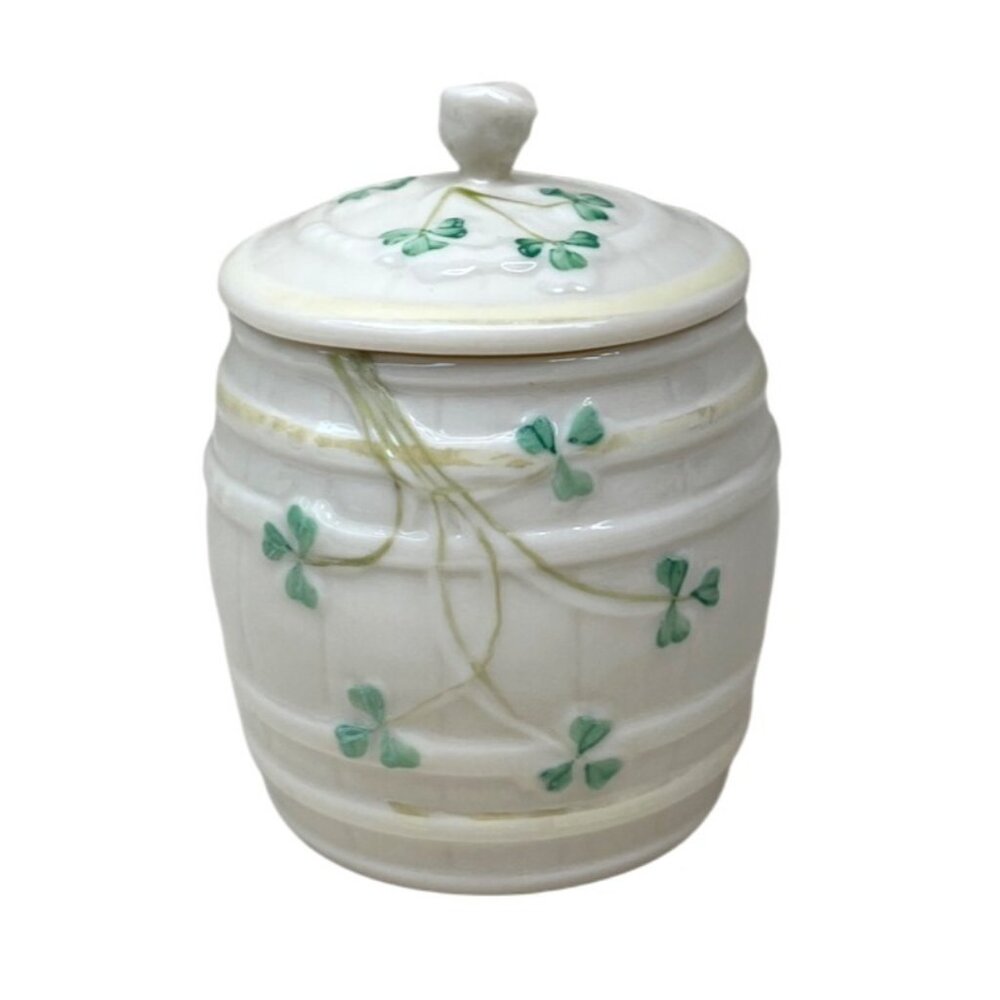 Belleek Ireland Shamrock Barrel Marmalade Jar Bowl with Lid 6th Mark 1975 - 1980 - Picture 5 of 8